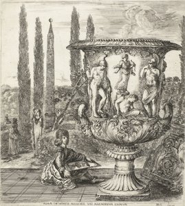 De unge Cosimo III de Medici tegnet av Medici-vaas Roma, i hagene til Medici, en eksepsjonell marmor (tittel på objekt) Visninger av Roma og omgivelser (serietittel) Six grandes vues, dont quatre de Rome et deux de la Campagne romaine (serietittel) av Stefano della Bella