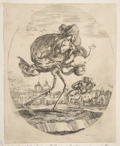 Død som bærer et spedbarn, fra The five deaths Les cinq Morts, ca. 1648. av Stefano della Bella