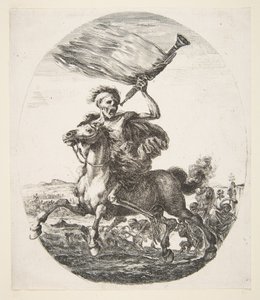 Døden på hesteryggen holder en trompet, fra The five deaths Les cinq Morts, ca. 1648. av Stefano della Bella