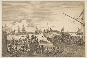 Avgang fra en bysse ved havnen i Livorno, fra utsikt over havnen i Livorno ..., 1654-55. av Stefano della Bella