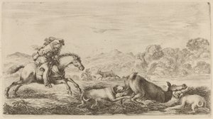 Doe i en myr angrepet av to hunder. av Stefano della Bella