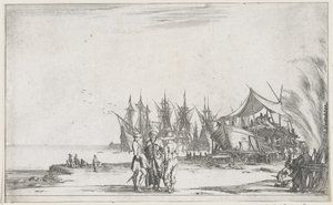 Tre menn snakker på kaia Maritime forestillinger (serietittel) Suite de huit marines (serietittel) av Stefano della Bella