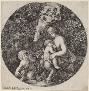 Kvinnelig Satyr som ammer et barn i et skogslandskap av Stefano della Bella