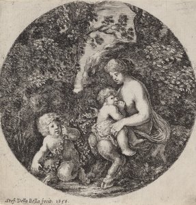 Kvinnelig Satyr som ammer et barn i et skogslandskap, 1656.