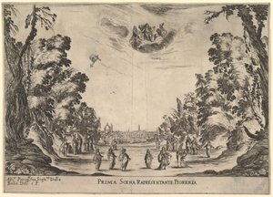 Første scene, i Firenze, fra gudenes ekteskap Le nozze degli Dei, 1637. av Stefano della Bella