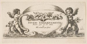 Frontispice: cartouche i midten, putti på hver side riding på delfiner, fra 'V..., ca. 1646-47. av Stefano della Bella
