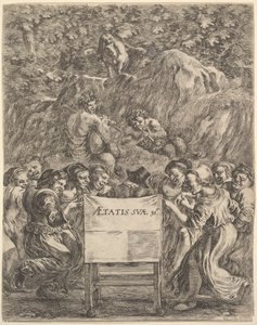 Frontispice for The Works of Scarron uvres de Scarron, poeten sittende i en stol..., 1649. av Stefano della Bella