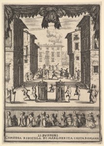 Frontispice for komedien The Buffoons Li Buffoni, et sett på scenen som ligner en pu..., 1639-41. av Stefano della Bella