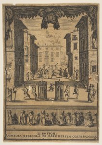 Frontispice for komedien The Buffoons Li Buffoni, et sett på scenen som ligner en p..., ca. 1639. av Stefano della Bella