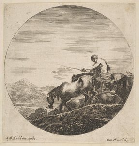 Gjeter til hest driver dyr, fra Seks dyrefag Six sujets danimaux, ca. 1646. av Stefano della Bella