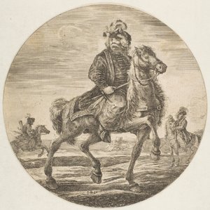 Ungarsk rytter rir mot høyre, andre ryttere i bakgrunnen, et sirku..., ca. 1651. av Stefano della Bella