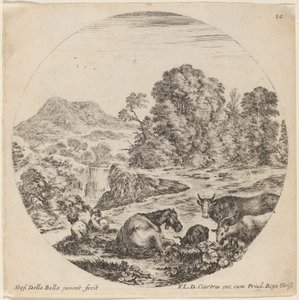 Landskap med dyr og to sittende hyrder, 1646. av Stefano della Bella