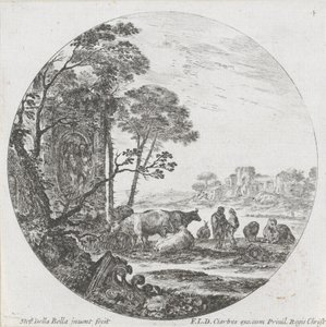 Landskap med flokk og korintisk hovedstad Landskap og ruiner i Roma (serietittel) Paysages et ruines de Rome (serietittel) av Stefano della Bella