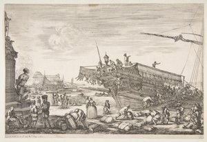 Laster en bysse, fra utsikt over havnen i Livorno Vues du port de Livourne, 1654-55. av Stefano della Bella