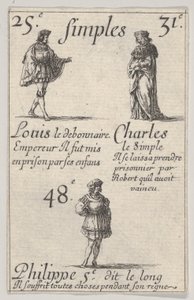 Louis le debonnaire... Charles le Simple, fra Game of the Kings of France Jeu des Rois..., 1644. av Stefano della Bella