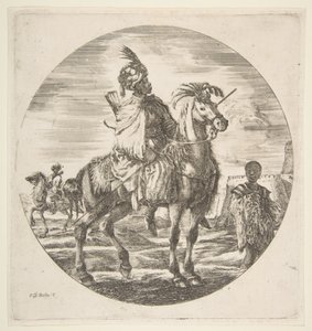 Maurisk rytter i profil vendt mot høyre, en svart slave holder en pels til høyre, en annen..., ca. 1651. av Stefano della Bella