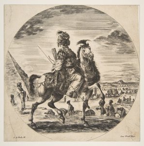 Maurisk rytter i profil mot høyre, i bakgrunnen en pyramide til venstre, mange fi..., ca. 1651. av Stefano della Bella
