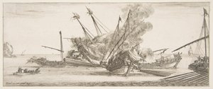 Sjøkamp, et skip i sentrum, sett bakfra, skyting mot fire fiendtlige skip, et annet ..., ca. 1641. av Stefano della Bella
