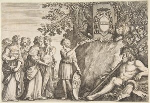 Ornamentdesign for en avhandling, Strozzis våpenskjold øverst, ca. 1660. av Stefano della Bella