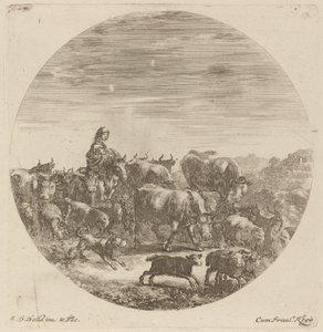 Bonde sitter på en hest med kuer, sauer og geiter. av Stefano della Bella