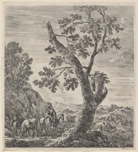 Bondekvinne til hest med et barn i armene, 1656. av Stefano della Bella