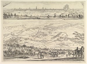 Plan og utsikt over beleiringen av Arras: nedre del av platen med en topografisk utsikt med..., 1641. av Stefano della Bella