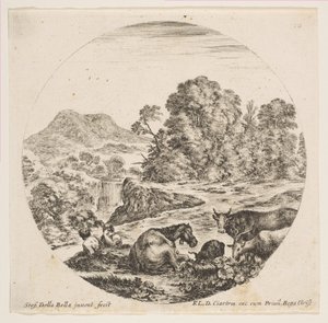 Plate 10: en hest som ligger i midten, en ku og to geiter til høyre, to sittende sauer..., ca. 1646. av Stefano della Bella