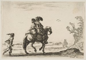 Plate 10: en rytter og en kvinne, sett bakfra, rir mot høyre med en ung ..., 1642. av Stefano della Bella