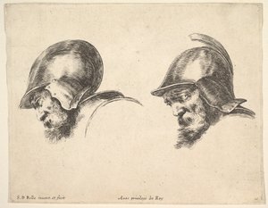Plate 10: to hoder av gamle soldater med hjelmer, begge vendt mot venstre og ser ned..., ca. 1641. av Stefano della Bella