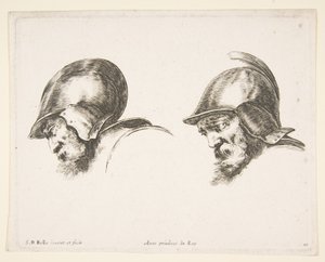 Plate 10: to hoder av gamle soldater med hjelmer, begge vendt mot venstre og ser ned..., ca. 1641. av Stefano della Bella