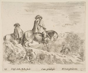 Plate 10: to ryttere som går ned et fjell til venstre, en annen rytter til høyre i ..., ca. 1644-47. av Stefano della Bella