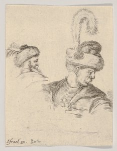 Plate 11: en polsk byste i profil, dreid mot høyre, et annet polsk hode sett fra..., ca. 1649. av Stefano della Bella