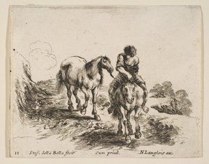 Plate 11: en ung rytter, sett forfra, som leder en annen hest, fra Diver..., ca. 1644-47. av Stefano della Bella