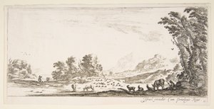 Plate 11: gjeterinne som sitter til høyre under et tre og ser på flokken hennes til venstre..., ca. 1641. av Stefano della Bella