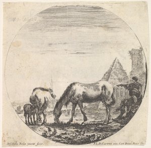 Plate 11: pyramiden til Caius Cestius til høyre i bakgrunnen, en hest som beiter ..., ca. 1643-48. av Stefano della Bella