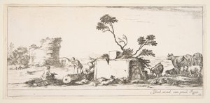 Plate 12: en sittende tegner til venstre, en stående gjeter ved siden av seg til høyre, ruin..., ca. 1641. av Stefano della Bella