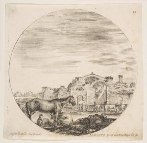 Plate 12: en hyrde som sover på bakken til høyre, tre hester til venstre, andre hester..., ca. 1646. av Stefano della Bella