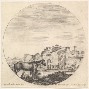 Plate 12: en hyrde som sover på bakken til høyre, tre hester til venstre, andre h..., ca. 1643-48. av Stefano della Bella
