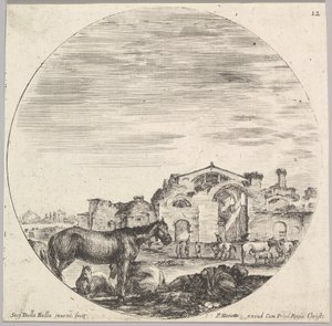 Plate 12: en hyrde som sover på bakken til høyre, tre hester til venstre, andre h..., ca. 1643-48. av Stefano della Bella