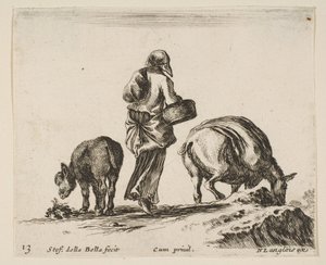 Plate 13: en bondekvinne, sett bakfra, med en kurv i midten, et esel..., ca. 1644-47. av Stefano della Bella