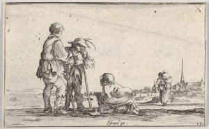 Plate 13: to bønder som står til venstre, en krøpling kneler på bakken i midten, en..., ca. 1642. av Stefano della Bella