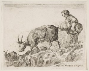 Plate 14: gjeterinne som gjeter geiter, fra Diverse dyr Diversi animali, ca. 1641. av Stefano della Bella