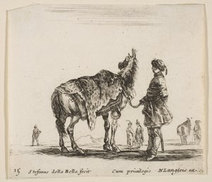 Plate 15: en polsk adelsmann, vendt bort, holder hesten dekket av leopardskinn..., ca. 1644-47. av Stefano della Bella
