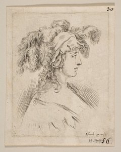 Plate 15: Midt i bysten av en ung kvinne i profil med en hatt toppet med fjær, fra..., ca. 1649. av Stefano della Bella