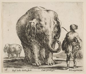 Plate 16: en elefant i midten, mahouten hans står til høyre iført en Orient..., ca. 1644-47. av Stefano della Bella