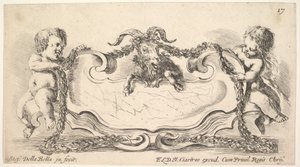 Plate 17: en kartusj med et marmorsenter, et spedbarn på hver side som holder en kransove..., 1646. av Stefano della Bella