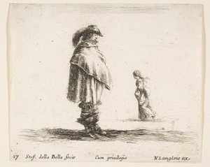 Plate 17: en mann med en plymer hatt i midten vendt mot høyre, en kvinne som går mot..., ca. 1644-47. av Stefano della Bella