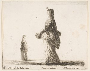 Plate 18: en adelig kvinne som går mot venstre med en fjærkledd vifte, en annen kvinne..., ca. 1644-47. av Stefano della Bella