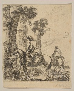 Plate 19: Landskap med en kavaler som vanner hesten sin ved en fontene, fra forskjellige fi..., ca. 1646. av Stefano della Bella