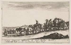 Plate 1: En hestevogn som frakter mennesker og varer, død hest i forgrunnen, f..., ca. 1641. av Stefano della Bella